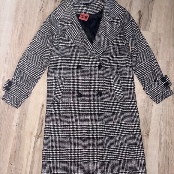 Black and White Plaid Woolen Pea Coat - Picture 2 of 8